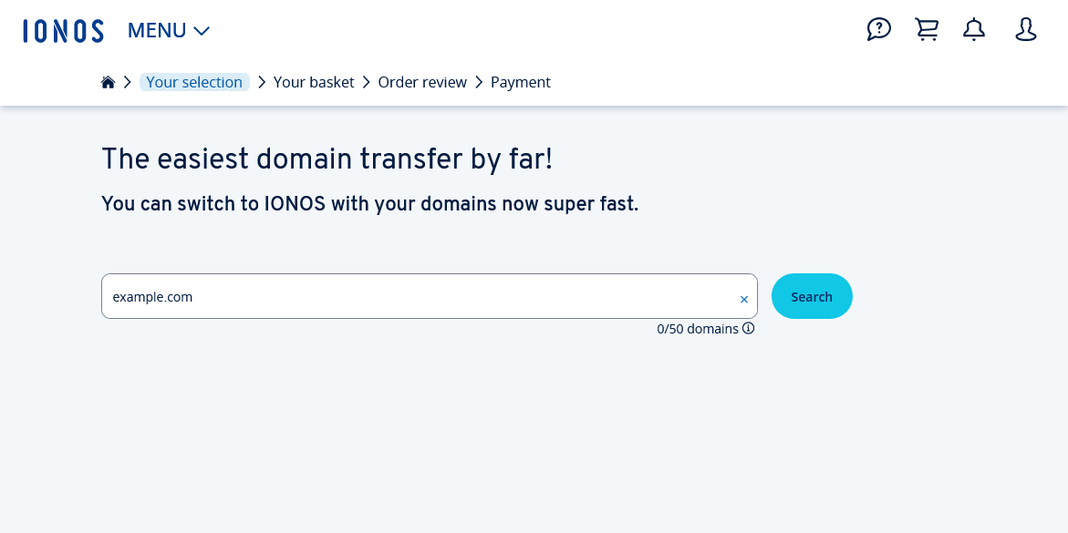 The IONOS domain transfer search page, for looking up domains to potentially transfer.