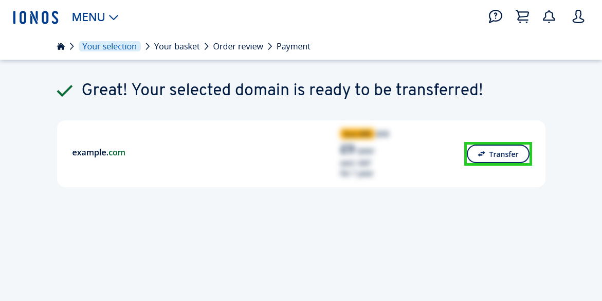The IONOS Shop page with the Transfer button highlighted.