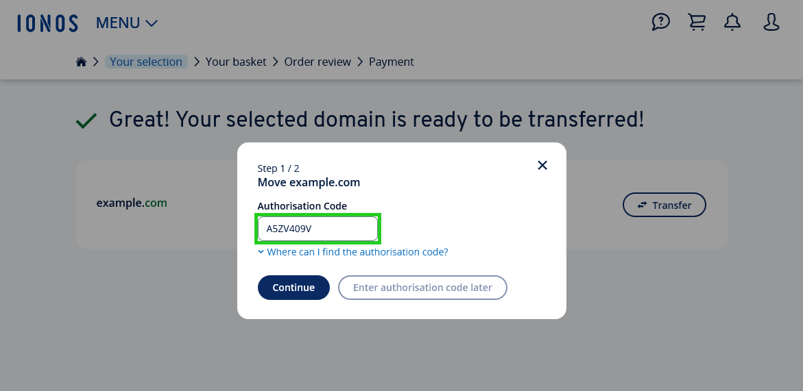 The IONOS domain transfer process with the authorisation code input form highlighted.