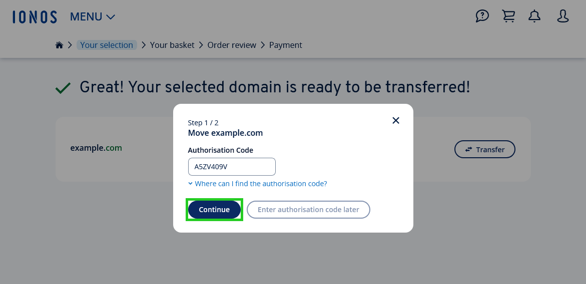 The IONOS domain transfer process with the Continue button highlighted.