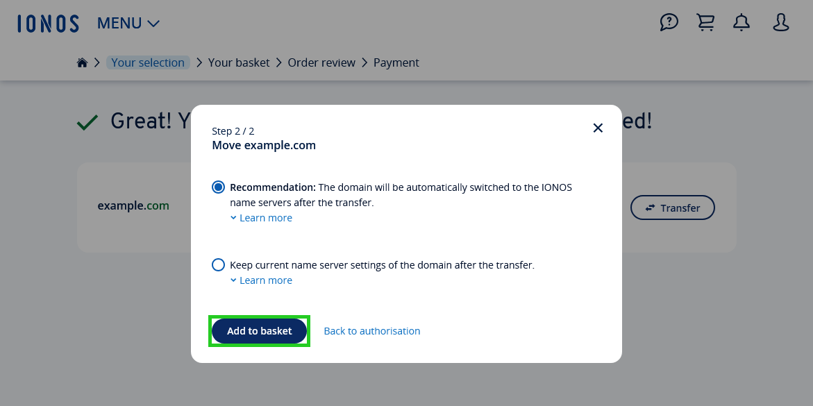 The domain name server settings pop-up with the Add to basket button highlighted.