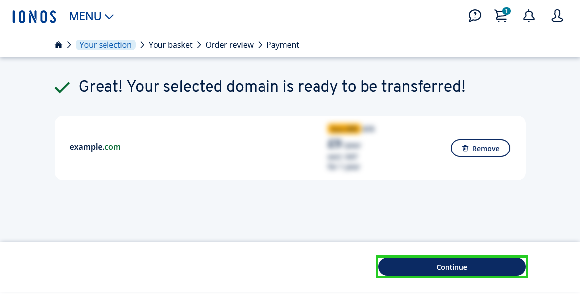 The IONOS checkout process with the Continue button highlighted.