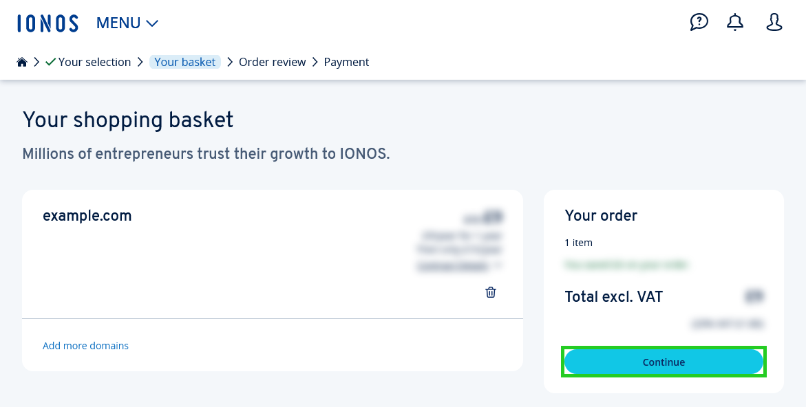 The shopping basket overview with the Continue button highlighted.