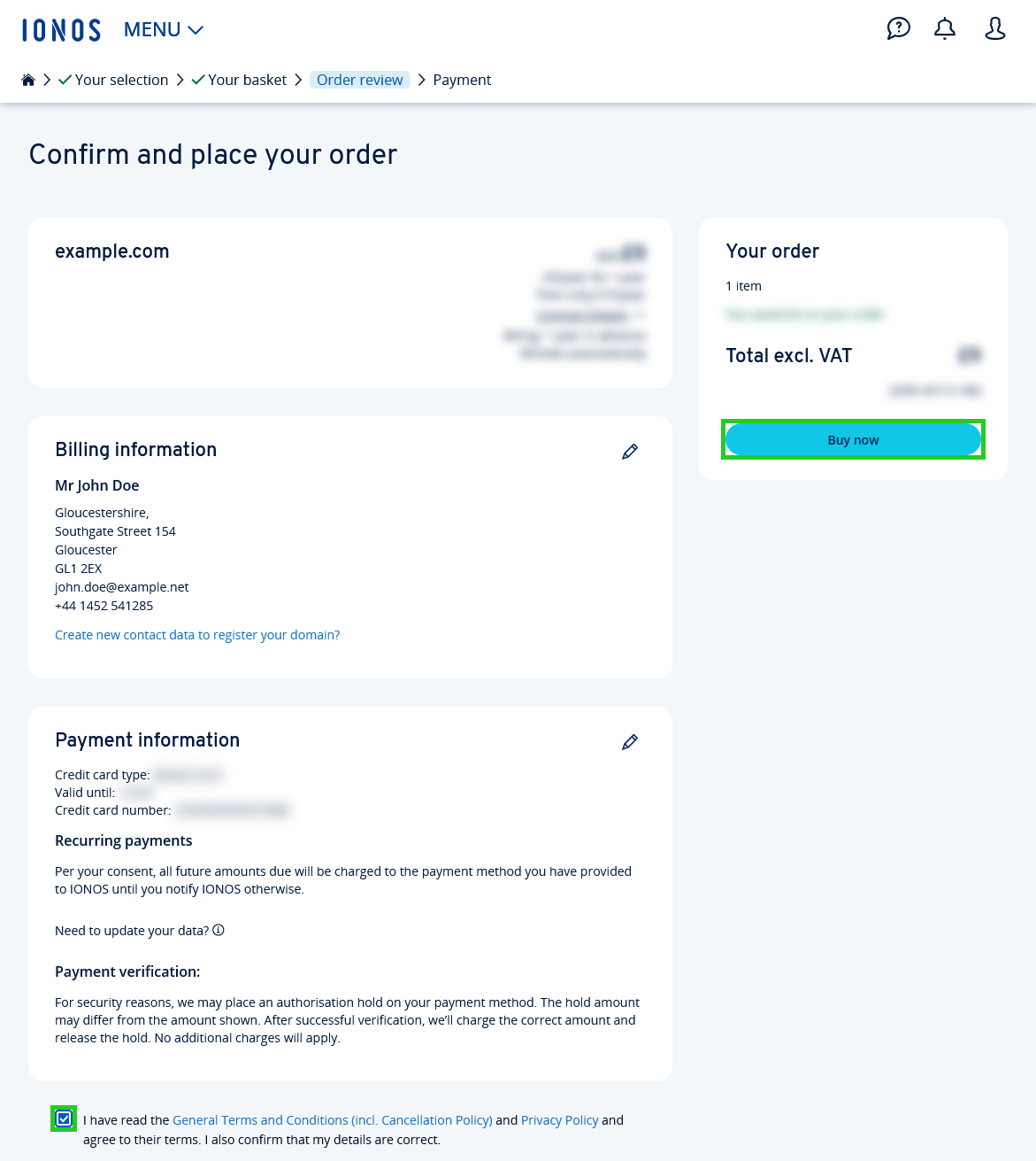 The order confirmation page with the Buy now button highlighted.