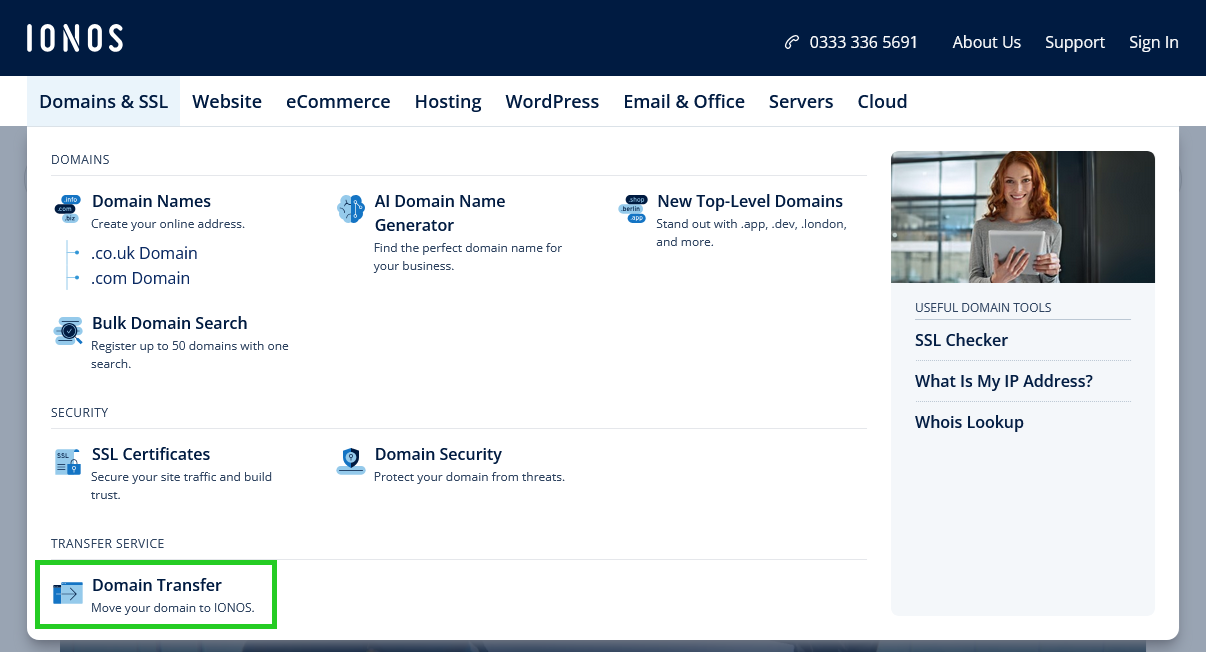 The IONOS website with the Domain Transfer option highlighted within the Domains & SSL menu.