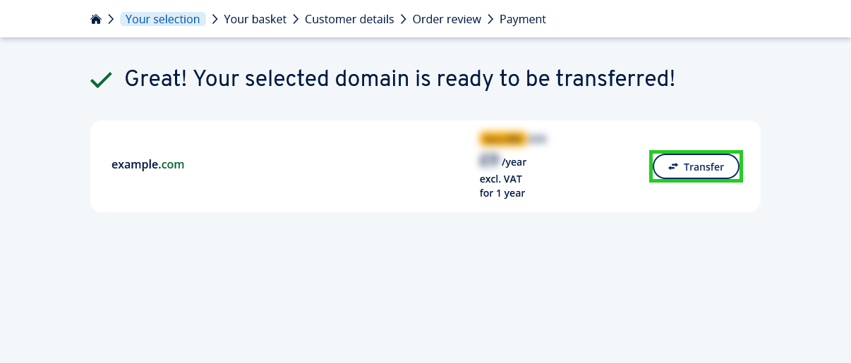 The IONOS Shop page with the Transfer button highlighted.