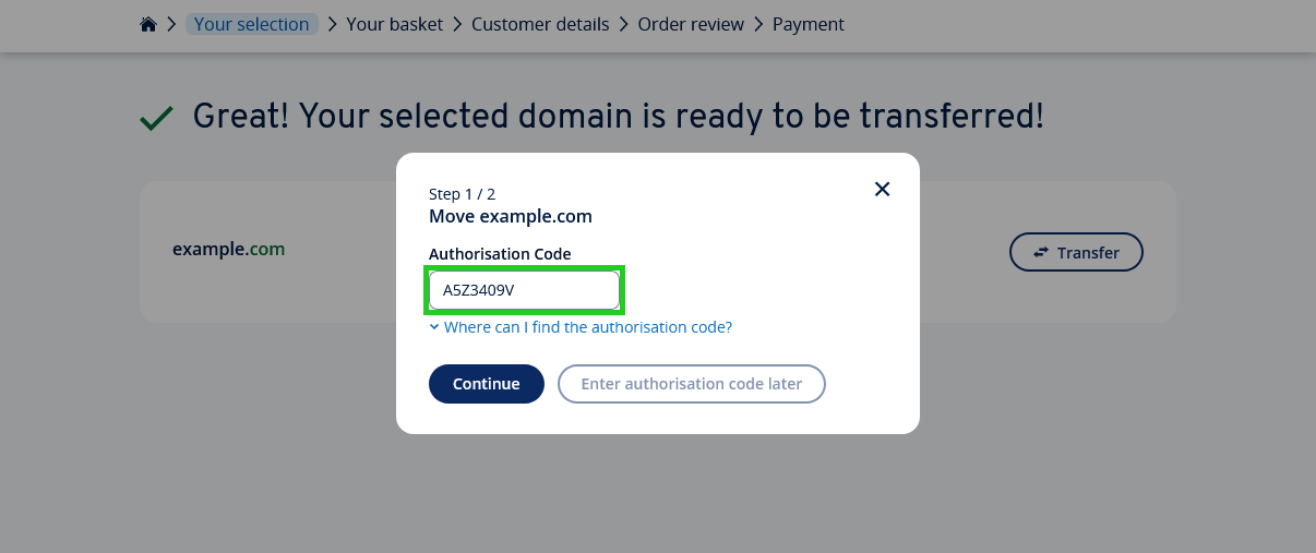 The IONOS domain transfer process with the authorisation code input form highlighted.