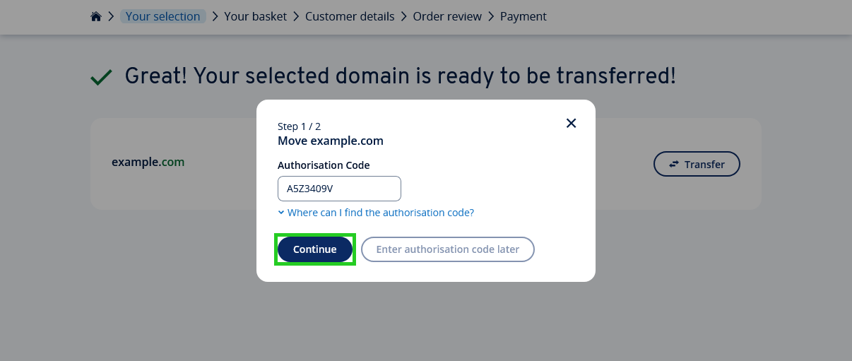 The IONOS domain transfer process with the Continue button highlighted.