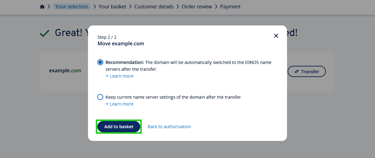 The domain name server settings pop-up with the Add to basket button highlighted.