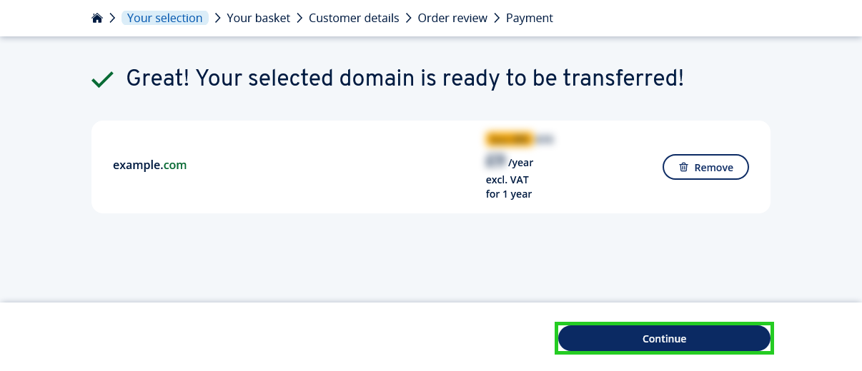 The IONOS checkout process with the Continue button highlighted.