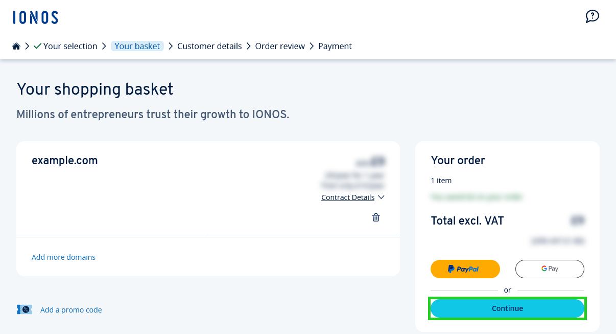 The shopping basket overview with the Continue button highlighted.