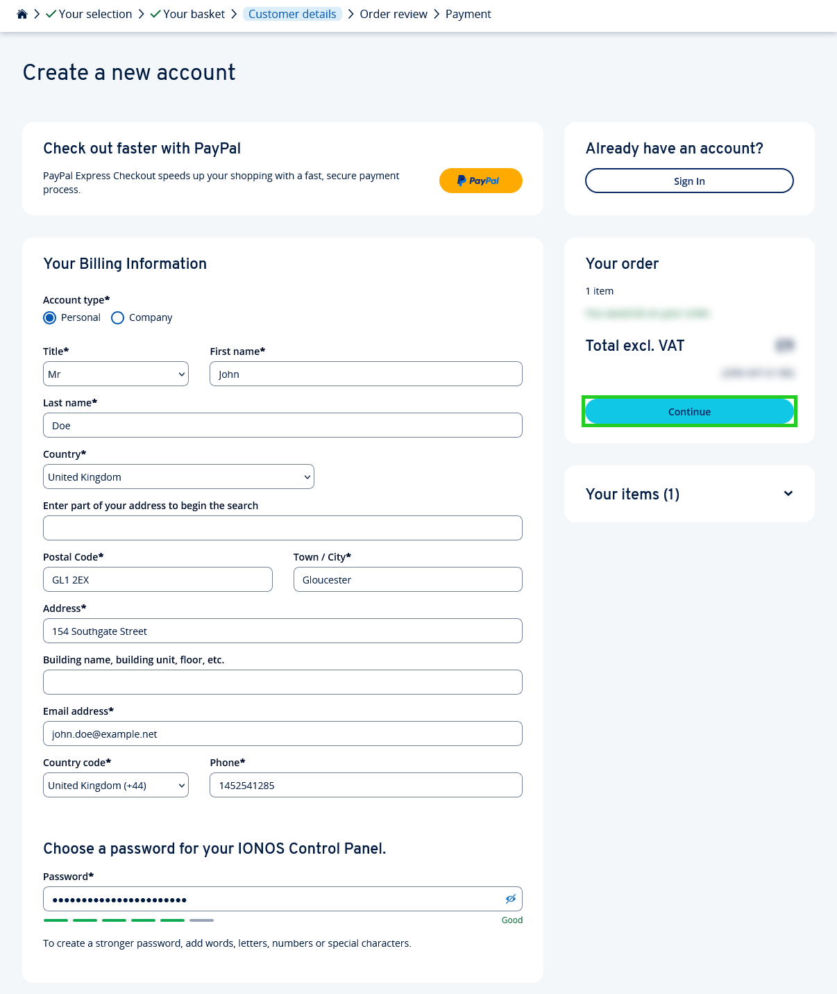 The create a new IONOS account page with the Continue button highlighted.