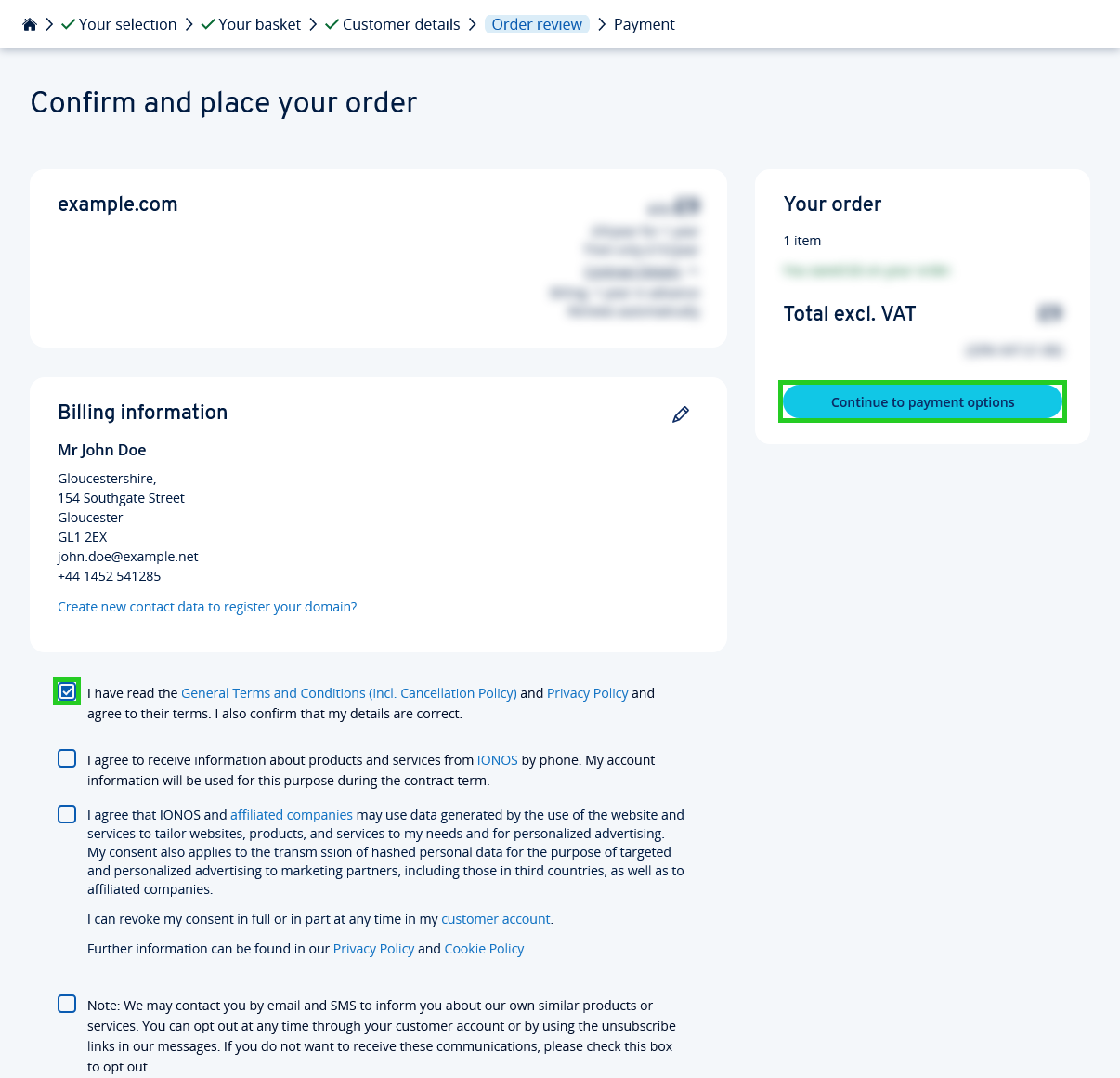 The order confirmation page with the Continue to payment options button highlighted.