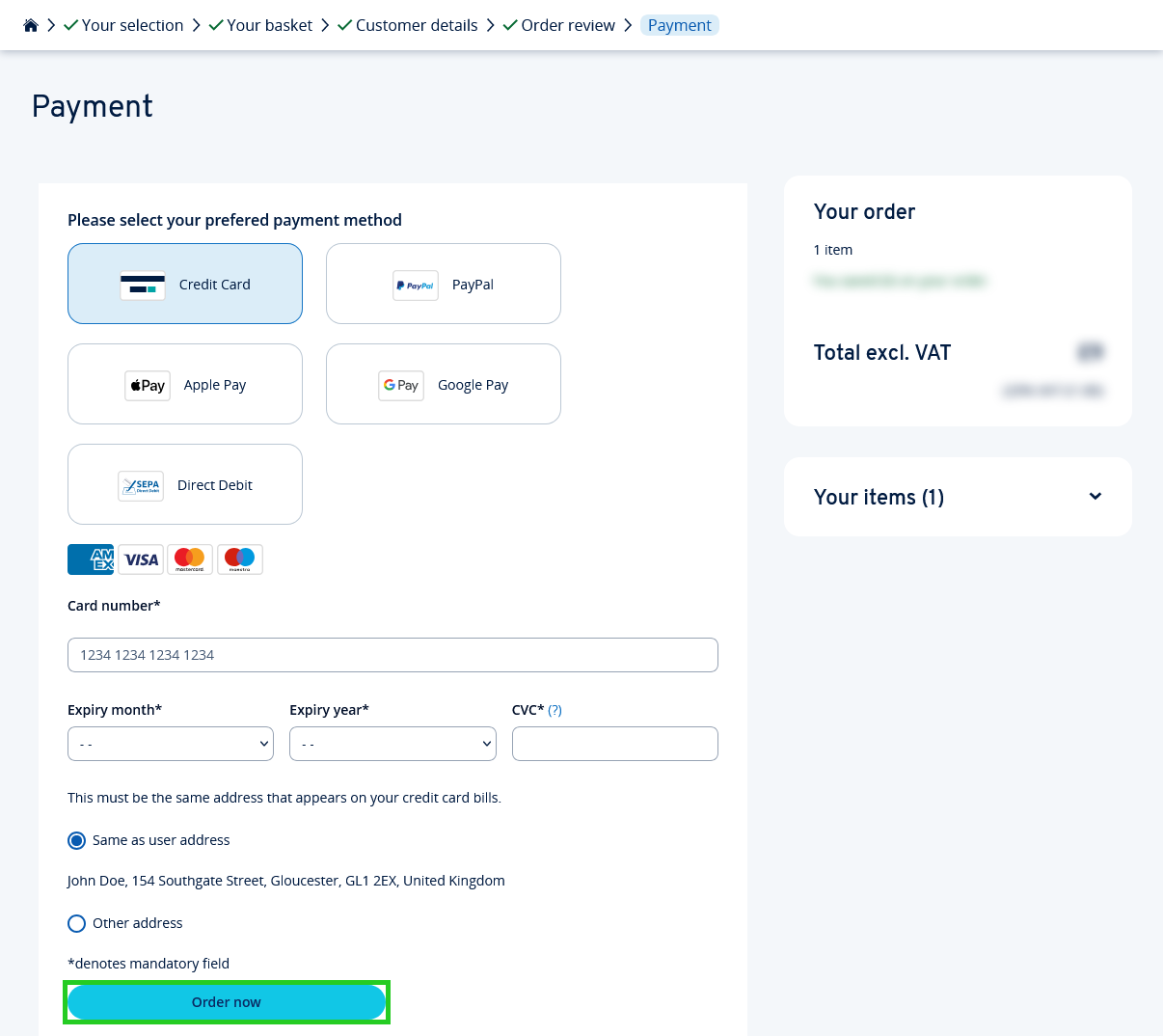 The payment options page with the Order now button highlighted.
