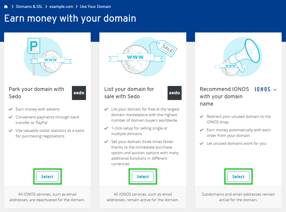 IONOS Domain Monetization Options screen