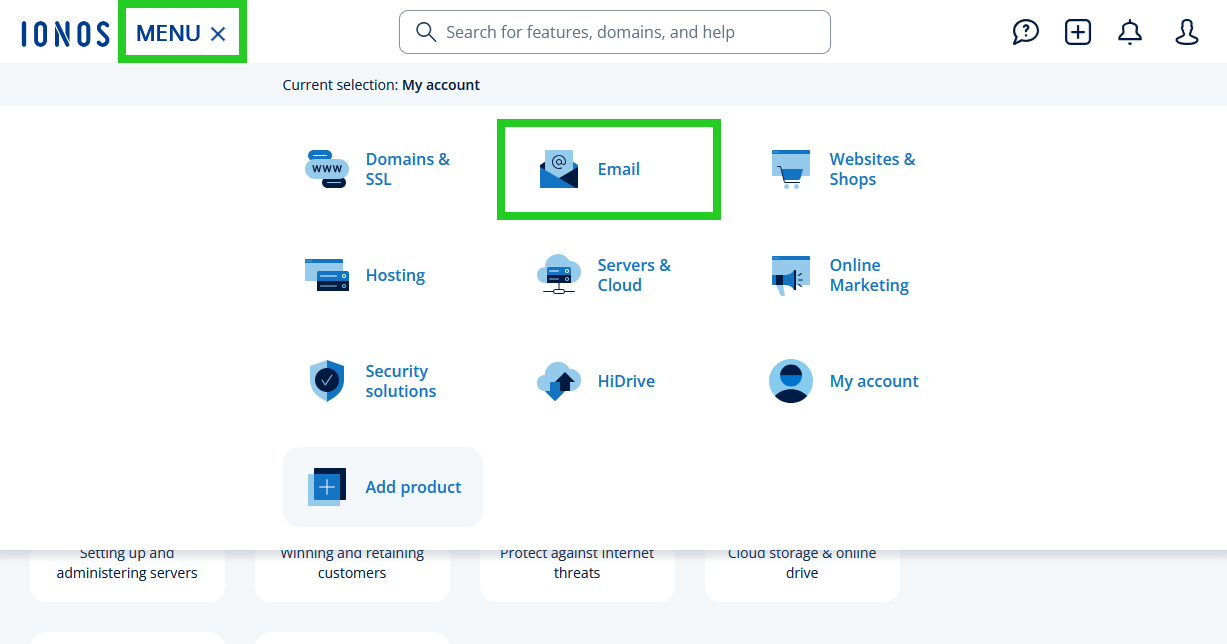 The IONOS menu with the Email tile highlighted.