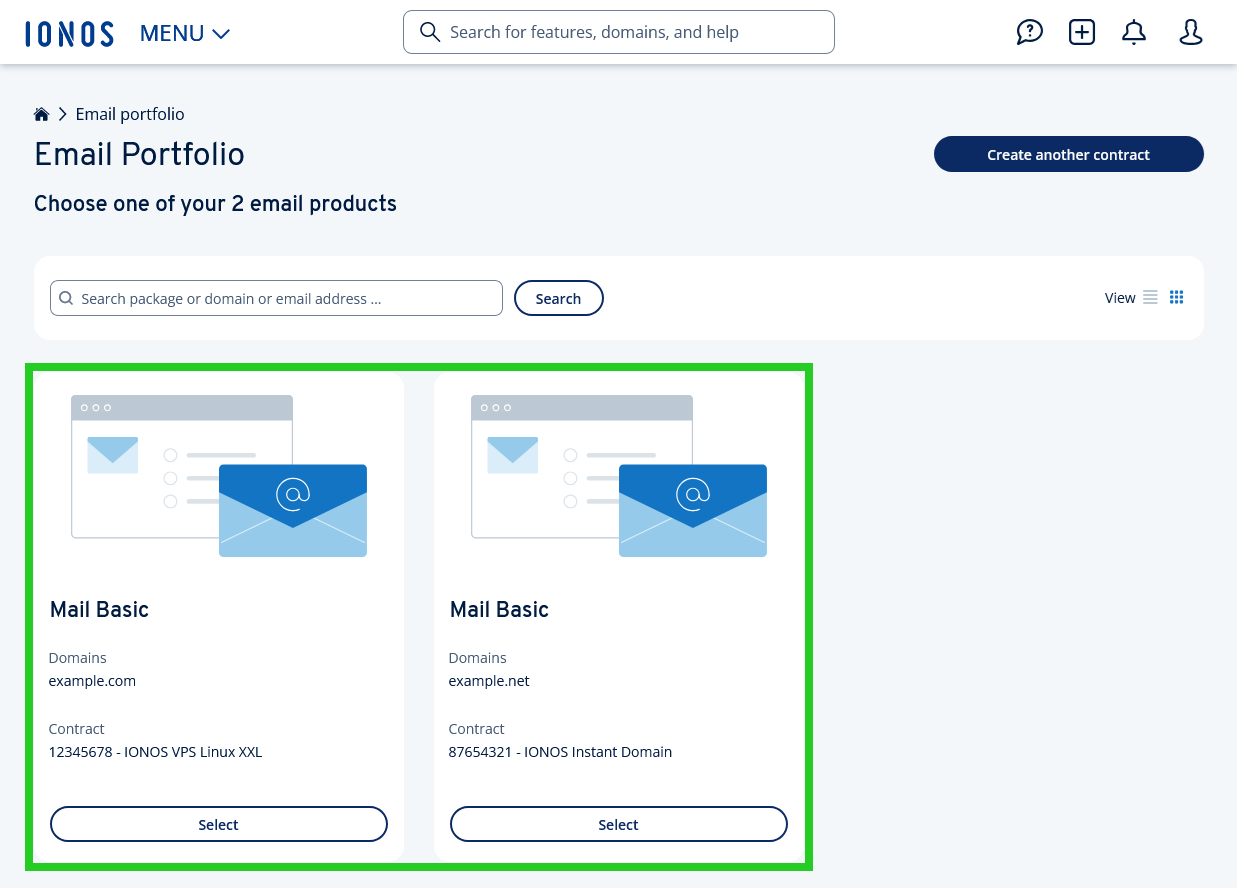 The Email Portfolio page with example email contracts highlighted.