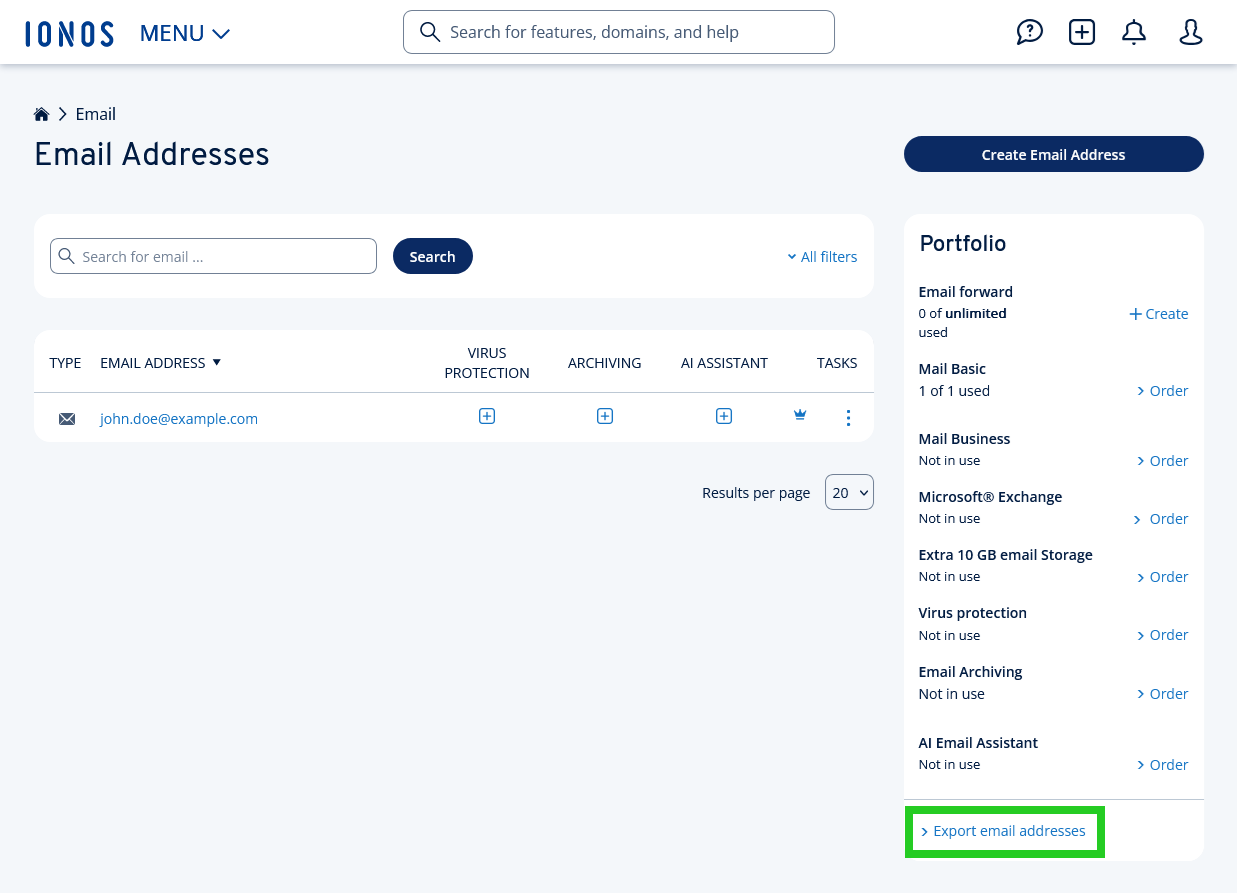 The Email Addresses overview page with the Export email addresses link highlighted.