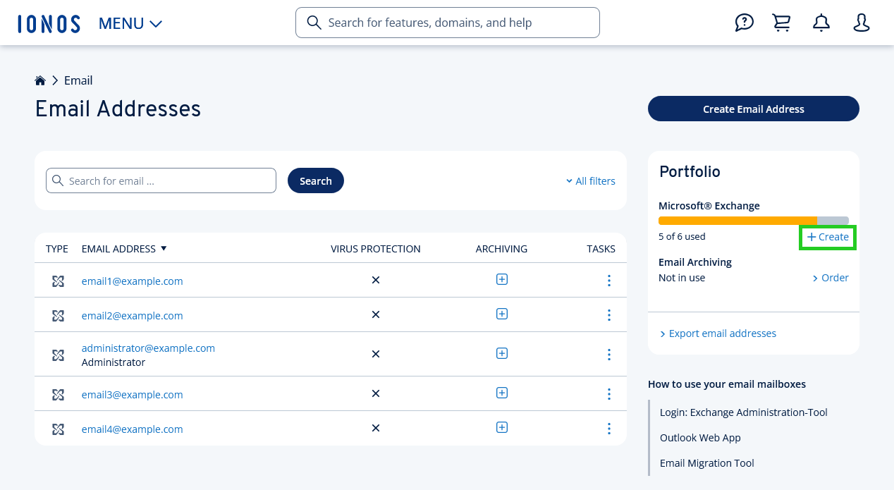 The Email Addresses page of the IONOS account, with the Create link highlighted.