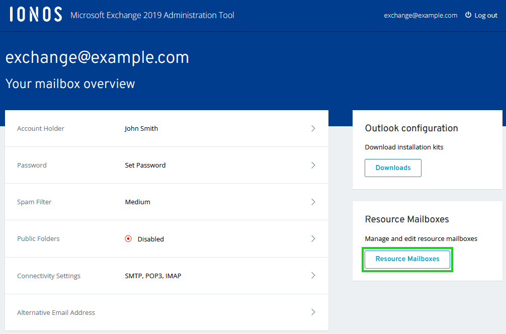 The Microsoft Exchange Administration tool with the Resource Mailboxes button highlighted.