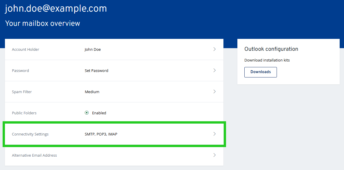 The Exchange Administration tool with the Connectivity Settings option highlighted.