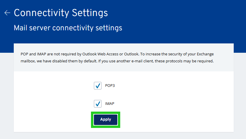 The Mail server connectivity settings page of the Exchange Administration tool, with the Apply button highlighted.
