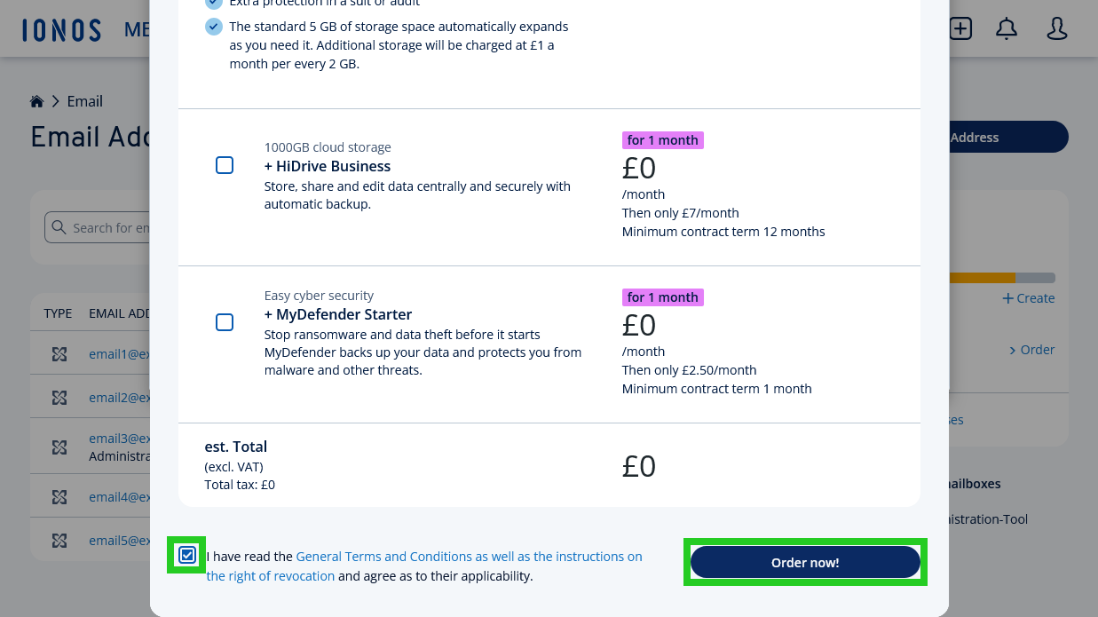 The Email Archiving order overlay, with the Order now! button highlighted.