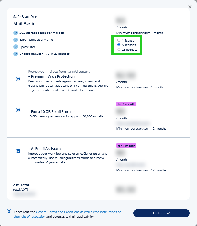 The additional Mail Basic license options are highlighted in the order window.
