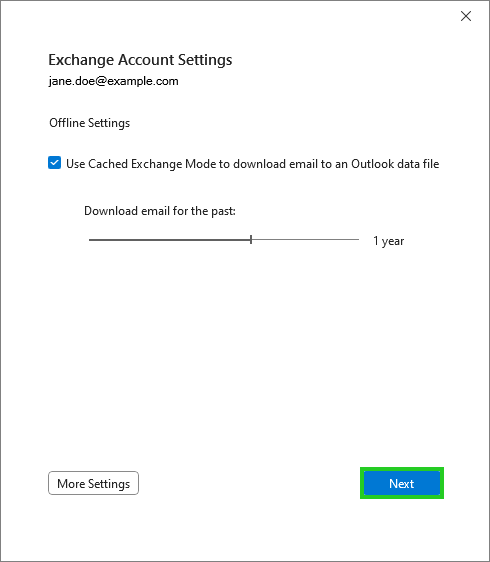 Illustration: "Exchange account settings" dialogue box in Outlook 2024