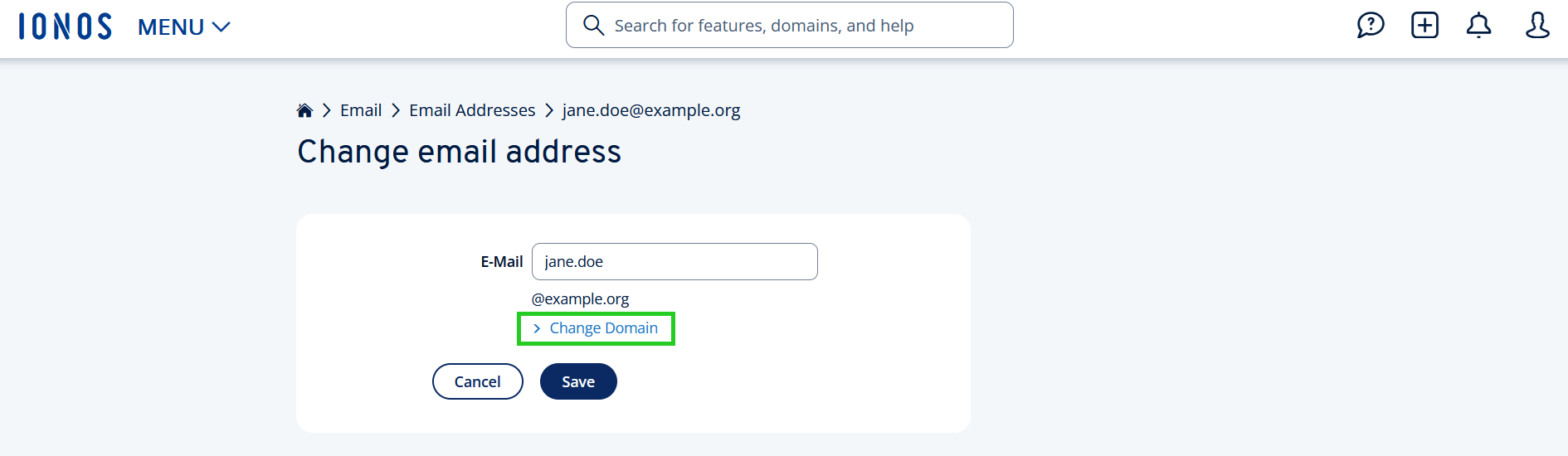 The Change Domain link is highlighted within the change email address settings page.