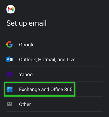 The Exchange and Office 365 option is highlighted on the Set up email screen.