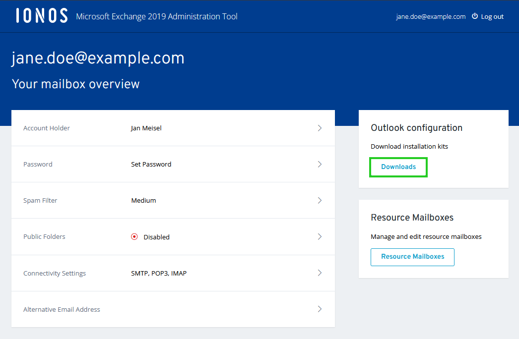 Screenshot of the Your Mailbox Overview page. On this page, the Downloads button is highlighted.