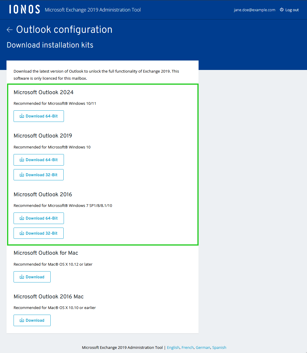 Screenshot of the Download the latest version of Outlook page showing different Outlook versions for Microsoft Windows.