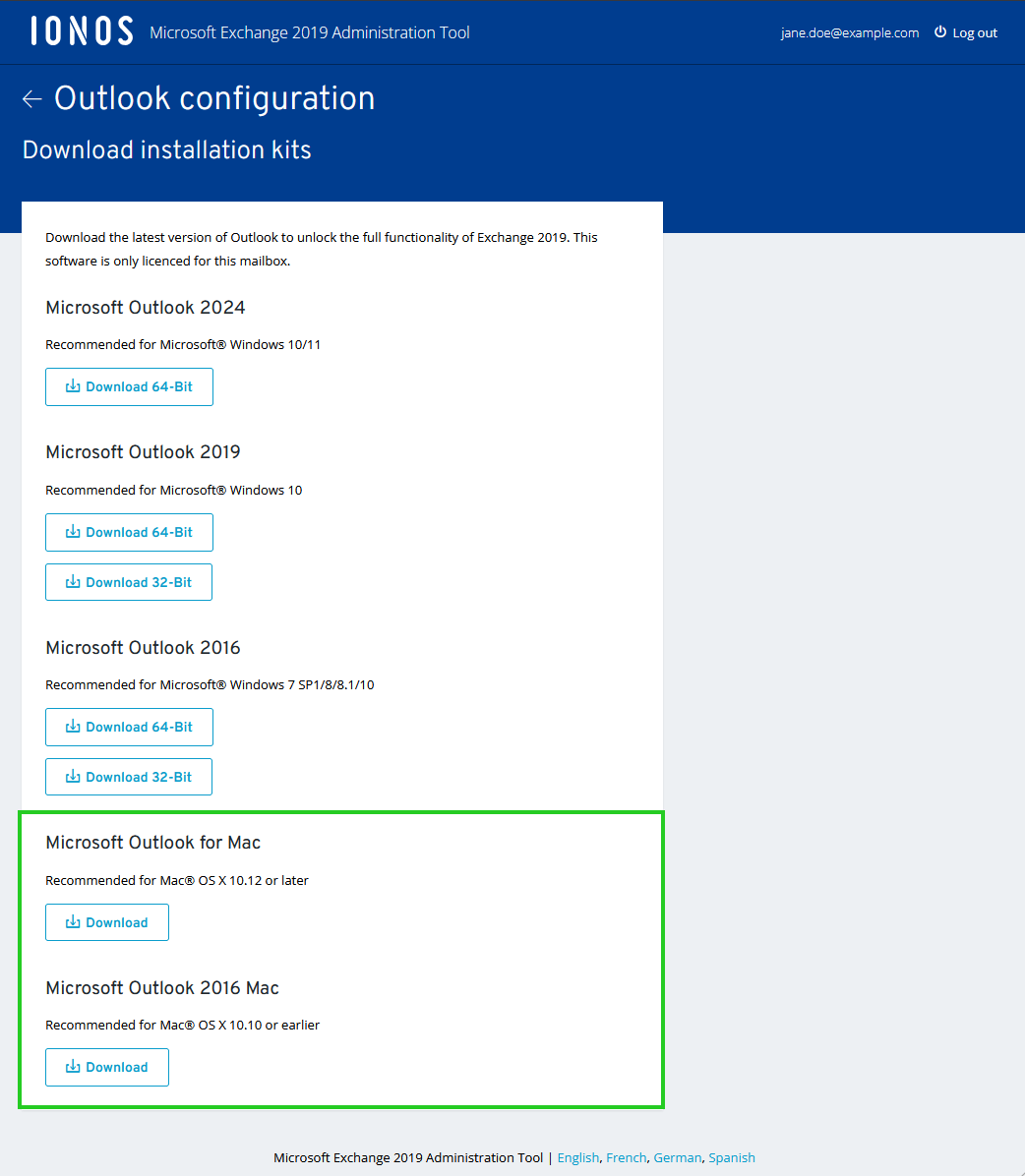Screenshot of the Download the latest version of Outlook page showing different versions of Outlook for Mac.