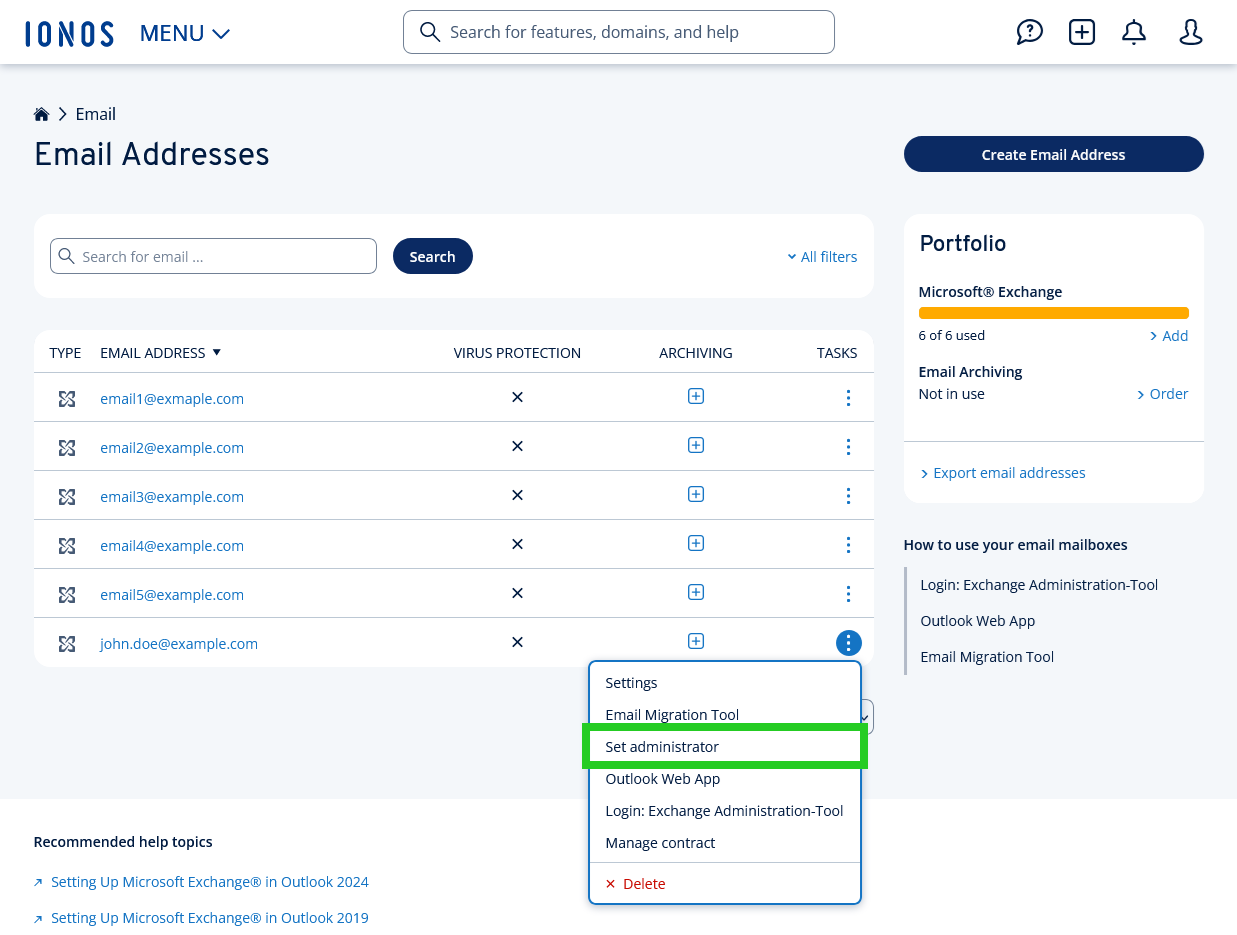 The IONOS Email Addresses page with the Set administrator setting highlighted within the mailbox settings menu.