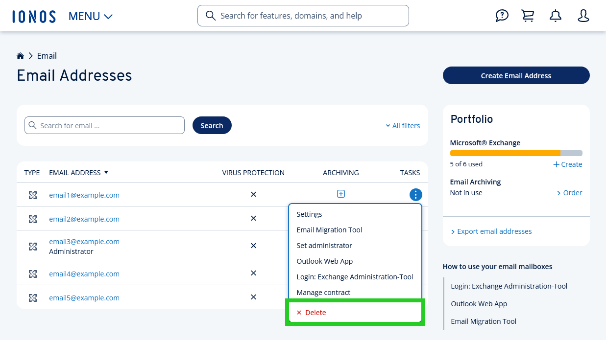 The Email Addresses page of the IONOS account, with the Delete menu option highlighted.