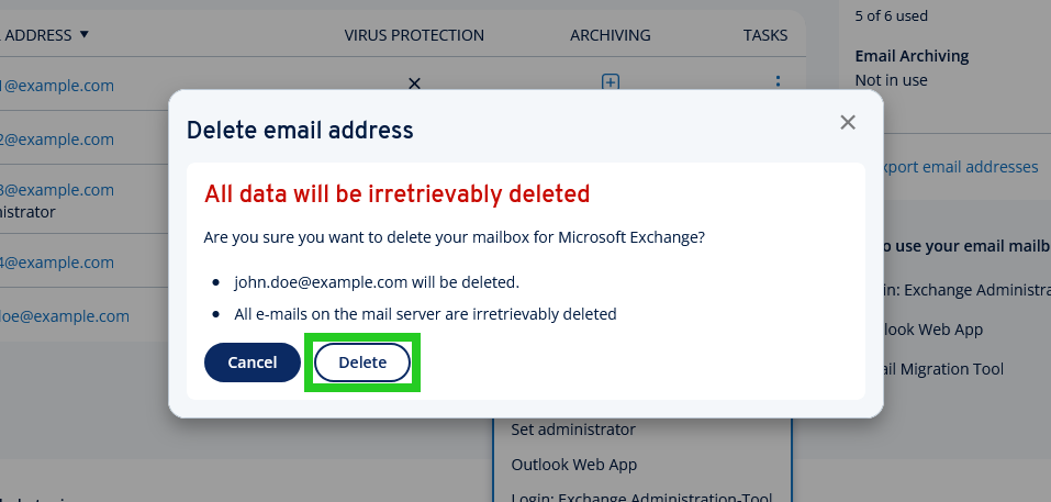 The Delete email address overlay with the Delete button highlighted.