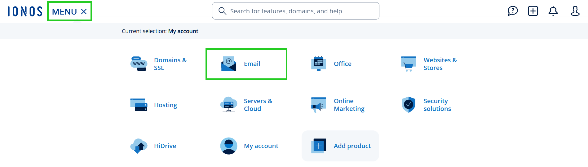 The Email tile highlighted within the IONOS Menu.