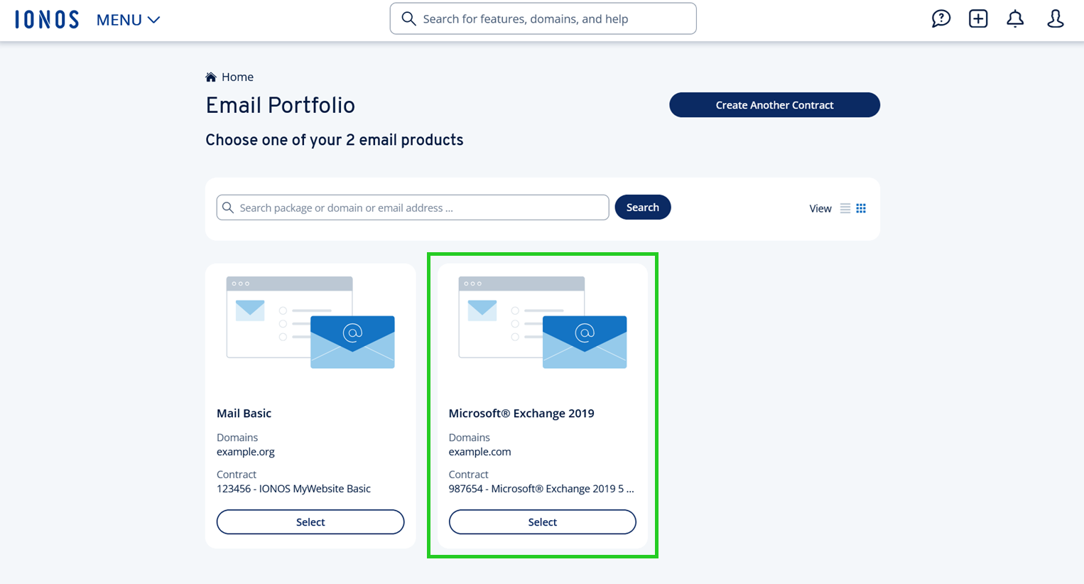 The Microsoft Exchange 2019 tile highlighted within the IONOS Email Portfolio.