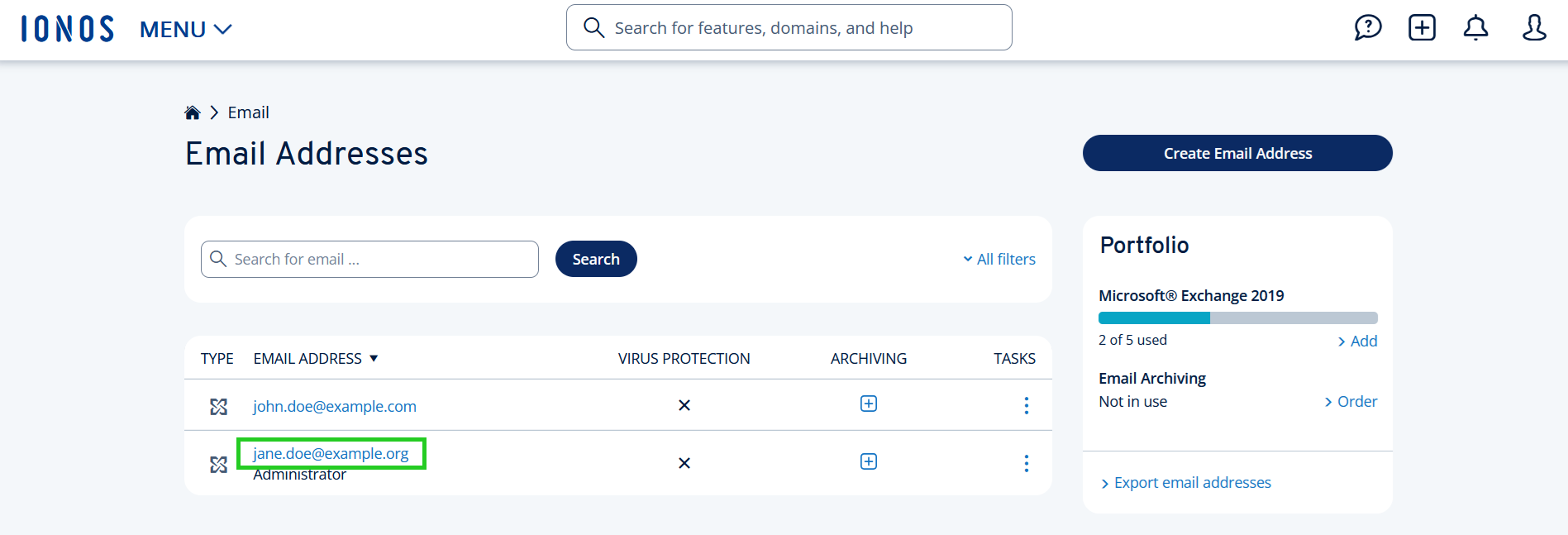 An example email address is highlighted within the Microsoft Exchange 2019 Email Addresses page in the IONOS account.