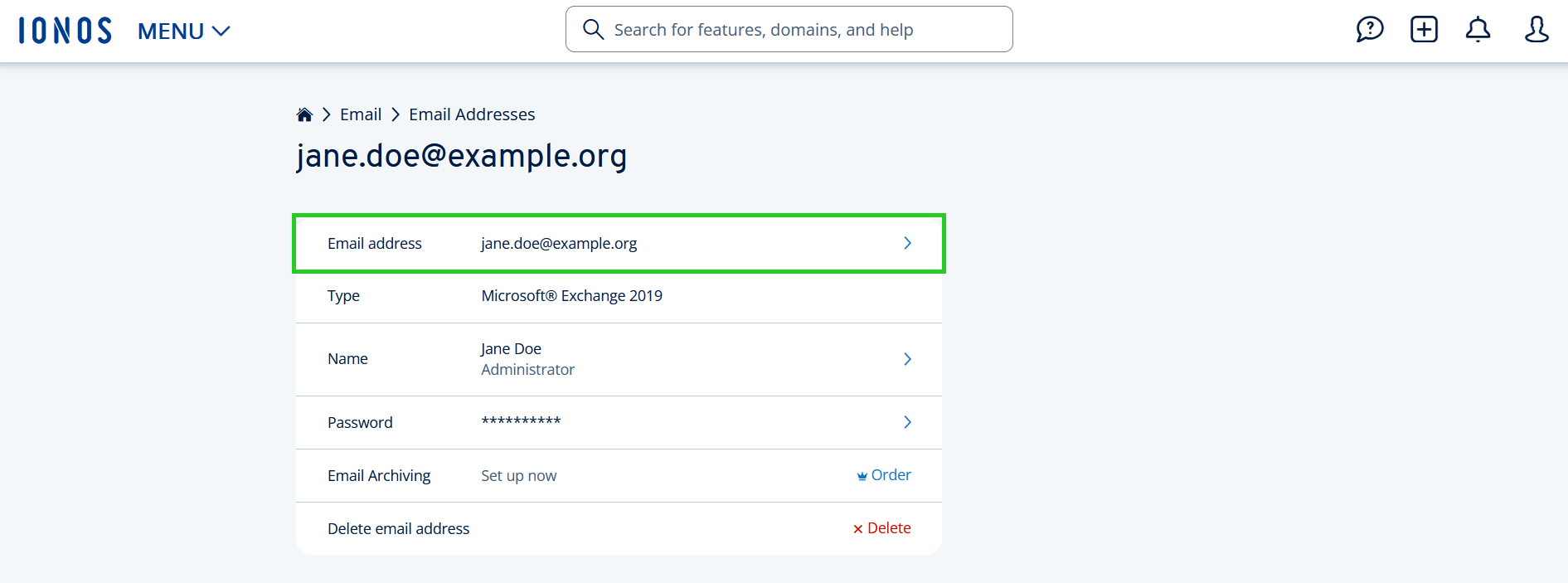 The clickable email address line is highlighted within the email address settings.