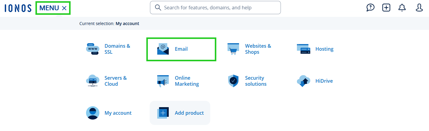 The Menu and Email links are highlighted within the IONOS account.