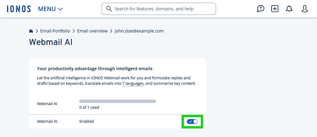 The switch to enable Webmail AI is highlighted.