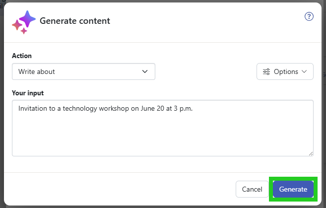 Screenshot: The Generate content window appears. The Generate button is highlighted.