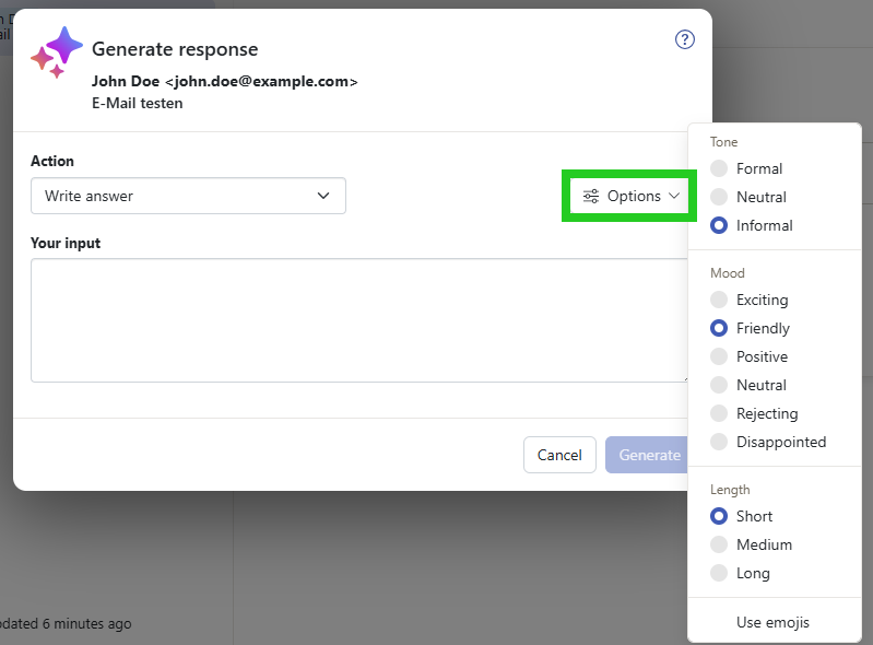 Screenshot: The Generate content window appears. The Options list is highlighted.