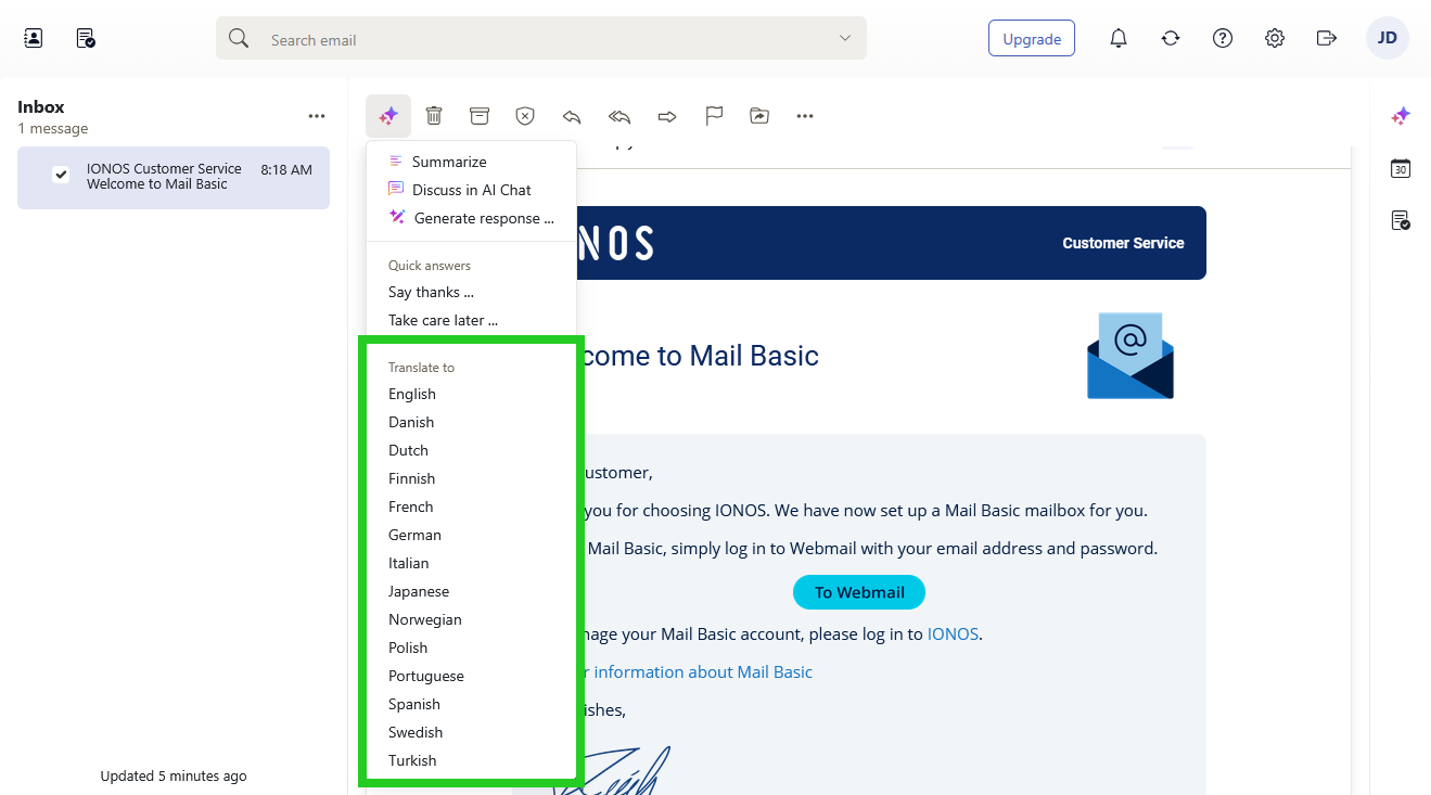 IONOS Webmail with the Translate to options highlighted within the AI menu.