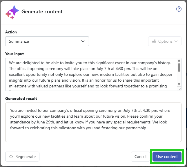 The IONOS AI Mail Assistant Generate content overlay within IONOS Webmail, with the Use content button highlighted.