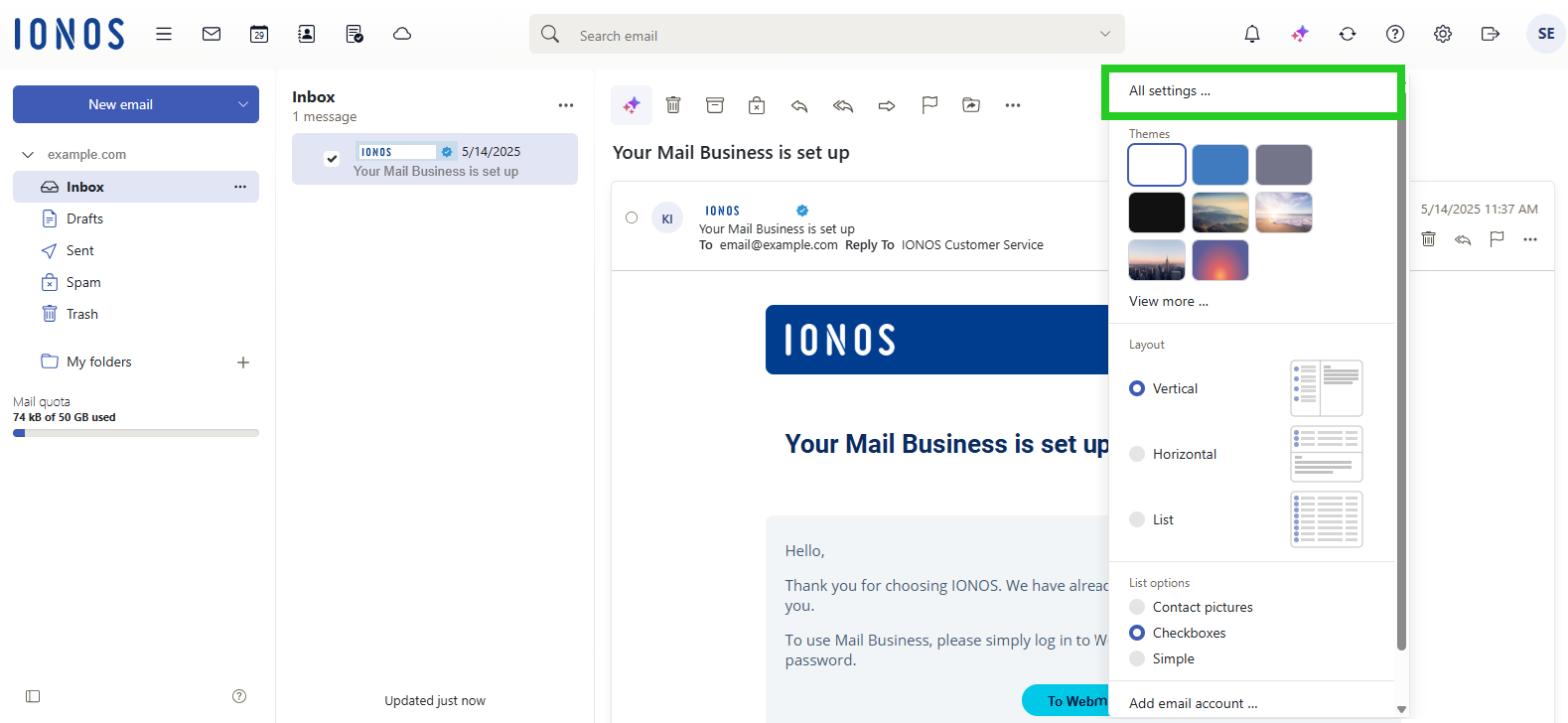 The IONOS Webmail interface with the All settings ... option highlighted within the settings menu.