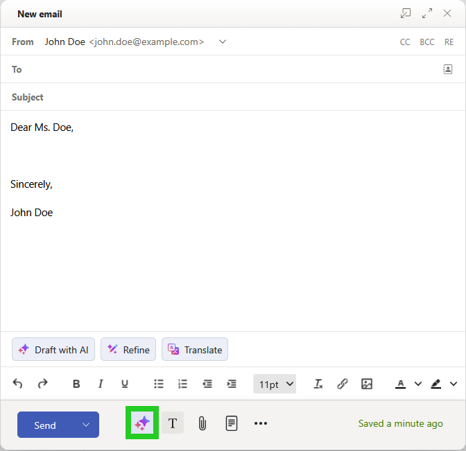 The New email window within the IONOS webmail with the AI tooltip highlighted.