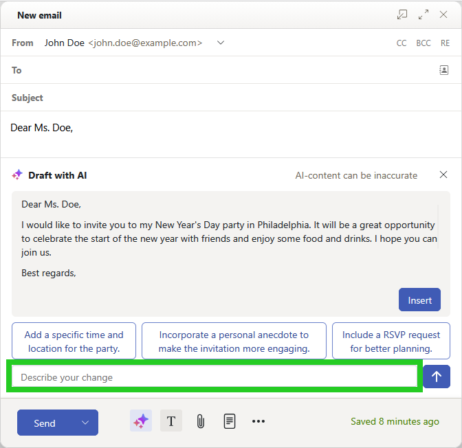 The New email window within the IONOS webmail with the Describe your change input highlighted.